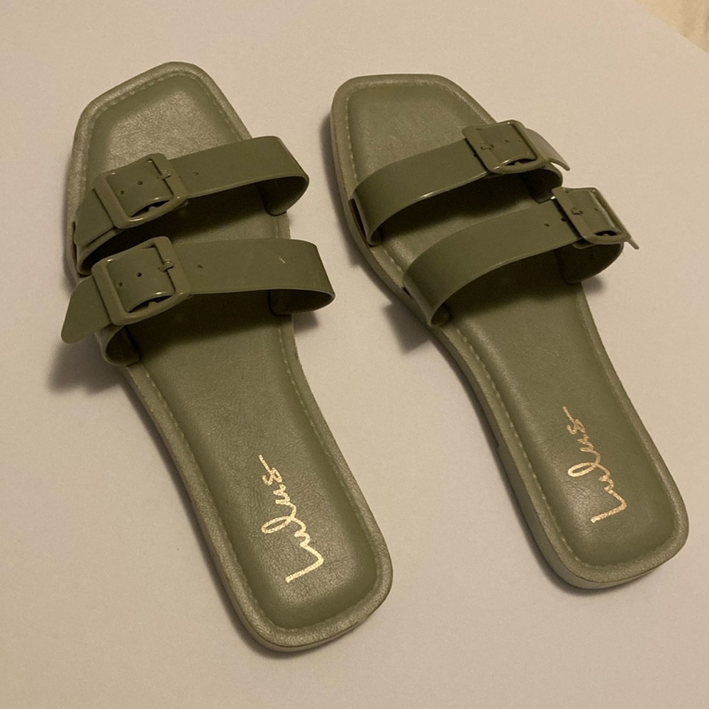 Lulus sage green square toe buckle sandals